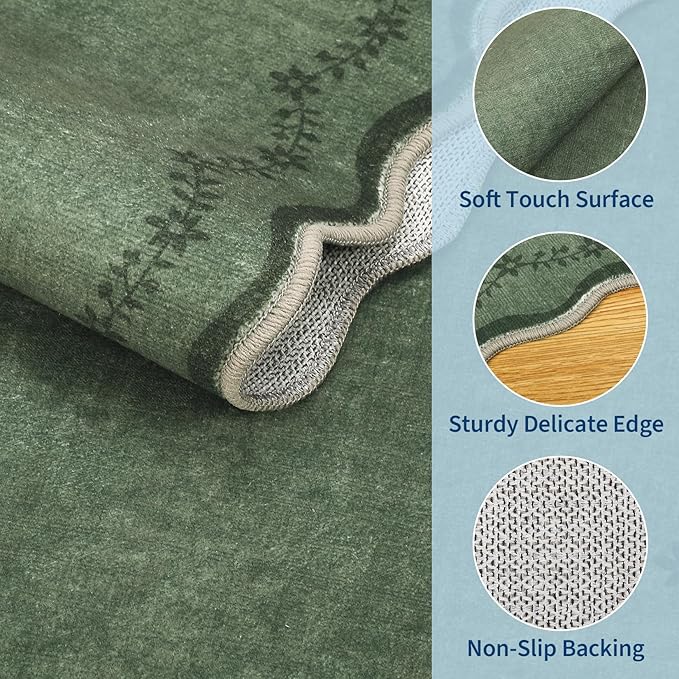 GarveeHome Round Area Rugs 6ft for Bedroom, Solid Dark Green Washable Circle Rug Soft Non Slip Floral Print Floor Mat Leaves Carpet Indoor Thin Rug for Living Room Dining Room Playroom Nursery