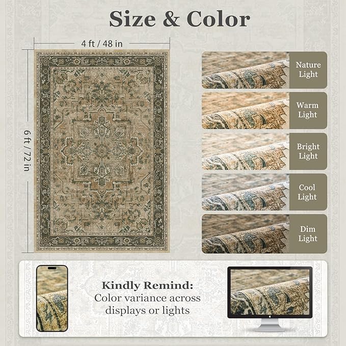 Vintage Medallion 4x6 Area Rugs for Living Room, Washable Non Slip Bedroom Bedside Throw Rug, Distressed Printed Low Pile Carpet for Entryway/Home Office/Kitchen, Multi Brown/Green