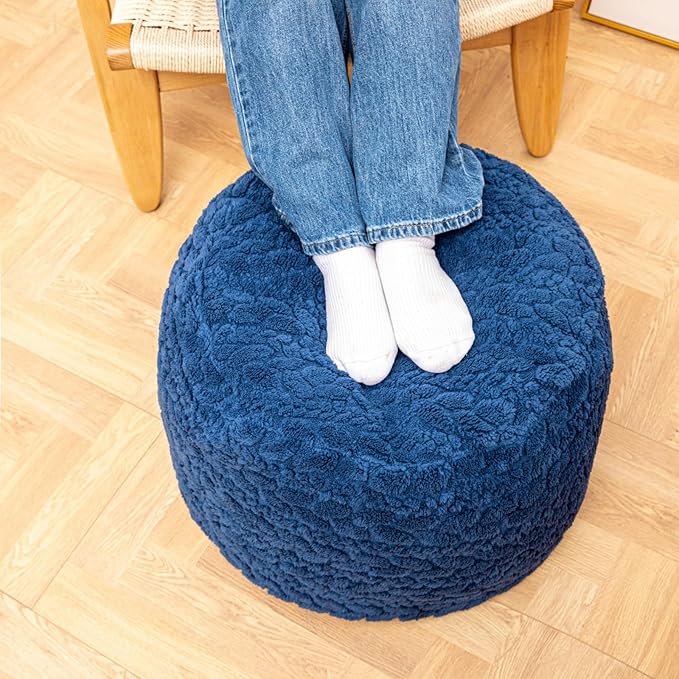 Unstuffed Ottoman Pouf Cover – Round Faux Fur Footstool Plush Floor Pouf (No Filler Included) Perfect for Living Room, Bedroom, or Office Lounge (Navy Blue, 20x20x15 in)