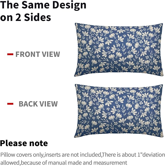 Blue Pillow Covers 12x20 Set of 2 Vintage Floral Rustic Old Style Cute Flower Print Rectangle Decorative Outdoor Pillowcases Seasonal Farmhouse Throw Cushion Case Couch Sofa Bed Decor
