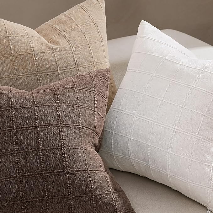 Woaboy Linen Check Throw Pillow Covers Brown Farmhouse Modern Boho Vintage 22x22 Inch Set of 2 Decorative Cushion Covers for Sofa Couch Bedroom Living Room Home Decor