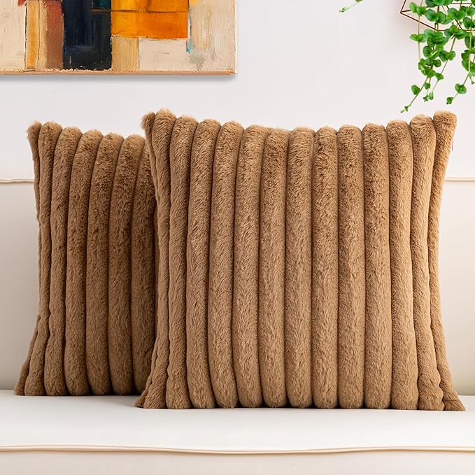Pack of 2 Faux Fur Christmas Throw Pillow Covers 18x18 Inch, Soft Plush Striped Neutral Couch Pillow Cover, with Velvet Back Modern Home Decor for Sofa Living Room Couch Bed Coffee