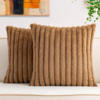 Pack of 2 Faux Fur Fall Throw Pillow Covers 22x22 Inch, Soft Plush Striped Neutral Couch Pillow Cover, with Velvet Back Modern Home Decor for Sofa Living Room Couch Bed Coffee