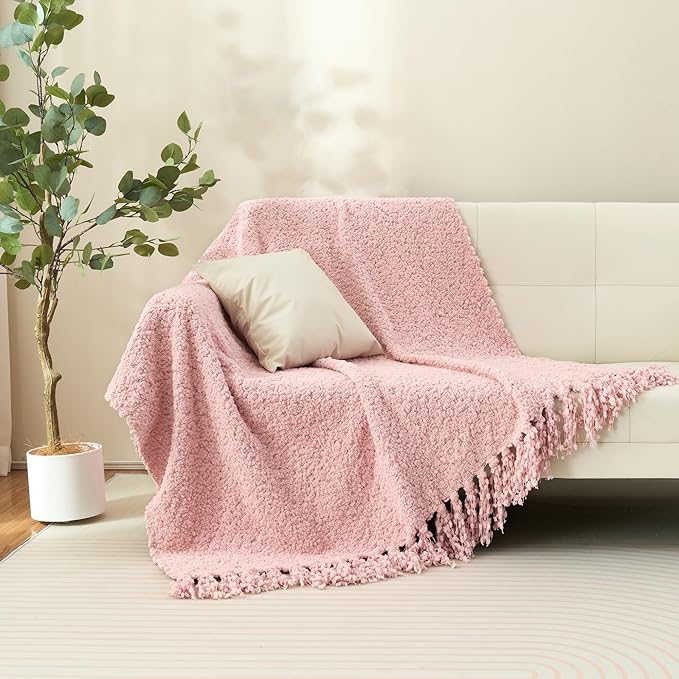 Throw Blanket for Couch, Dusty Pink Luxury Knitted Throws 60"x80", Textured Blankets with Handmade Fringe Tassels for Bed Sofa Decorative, Chunky Soft Farmhouse Boho Home Decor