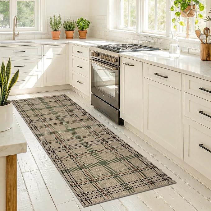 Kitchen Runners Non Skid Washable 6ft - Farmhouse 2x6 Jute Runner Rug for Hallway, Washable Outdoor Carpet for Entryway Indoor, Non Slip Woven Green Plaid Decor