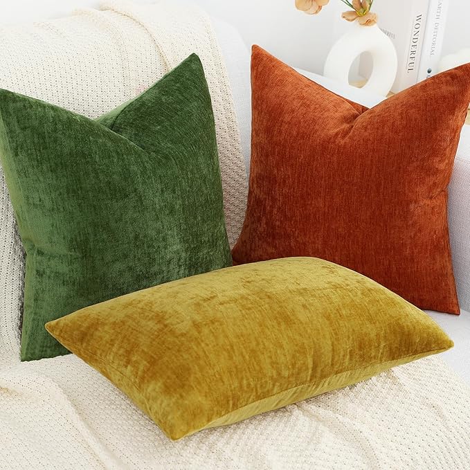 decorUhome Chenille Moss Green Spring Throw Pillow Covers 12x20 Inch Set of 2, Decorative Soft Couch Pillow Covers Solid Dyed Accent Farmhouse Neutral Rectangle Pillow Cases for Sofa