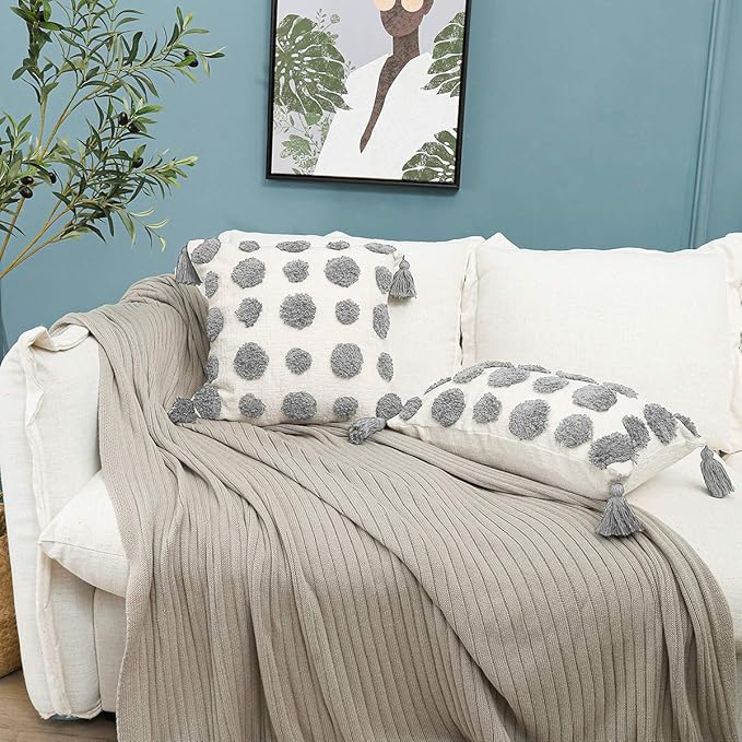 PLWORLD Boho Gray Lumbar Throw Pillow Cover 12x20 Inch with Tassels, Grey Pom Pom Tufted Cream Chenille Fabric Small Accent Textured Cushion Case for Bed Couch, 1 PC Cover Only No Insert