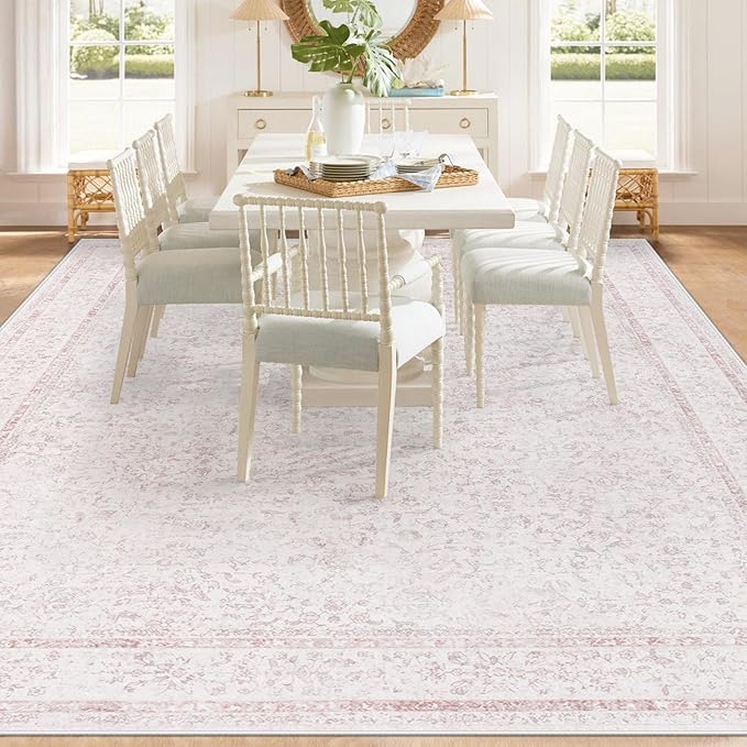 9x12 Area Rugs for Living Room: Washable Large Vintage Floral Rug Low Pile Non-Slip Boho Carpet for Bedroom Home Office Dining Room (Pink, 9'x12')