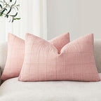 Foindtower Set of 2 Decorative Linen Check Throw Pillow Covers Neutral Farmhouse Lumbar Cushion Covers Modern Boho Accent Home Decor for Sofa Chair Couch Bedroom Living Room,12×20 Inch,Light Pink