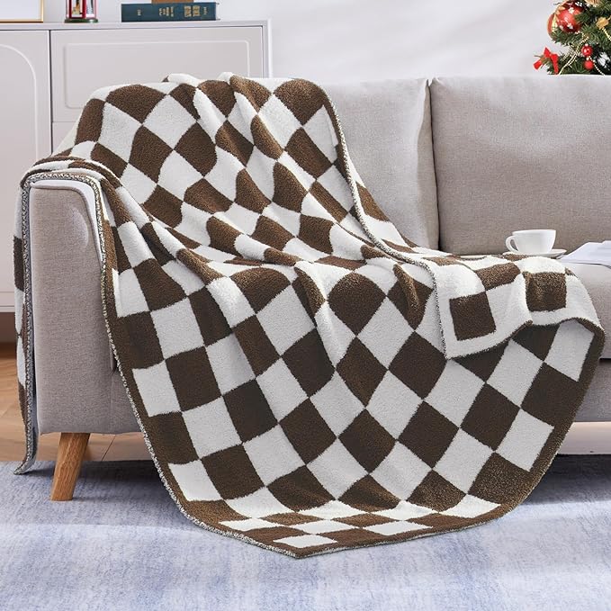 WRENSONGE Checkered Throw Blanket, Coffee Soft Cozy Fluffy Warm Hand Made Throw Blankets for Couch, Sofa, Chair, Bed, Camping, Picnic, Travel Lightweight Bed Blanket - 60"*80"