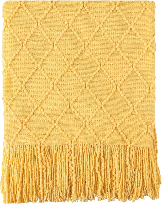 BATTILO HOME Mustard Throw Blanket with Fringe Geometric Bed Gold Yellow Throws Breathable Decorative Large Throw for Couch Sofa Indoor Outdoor (Mustard, 50"x60")