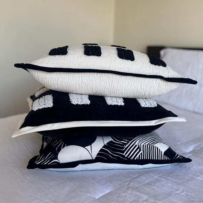 Tufted Boho Throw Pillow Cover, Soft and Luxurious Chenille Fabric, 18x18 inches, Decorative Black and White Pillowcase for Couch, Bedroom, Living Room, Modern Pillowcase for Home Decor