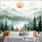Accnicc Misty Forest Mountain Tapestry Sage Green Nature Pine Tree Wall Tapestry for Bedroom Aesthetic Watercolor Woods Lake Large Tapestries Wall Hanging for Living Room Dorm Decor 80 x 60 Inch