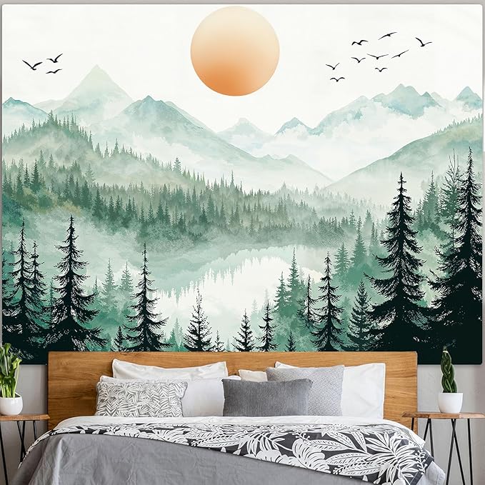 Accnicc Misty Forest Mountain Tapestry Sage Green Nature Pine Tree Wall Tapestry for Bedroom Aesthetic Watercolor Woods Lake Large Tapestries Wall Hanging for Living Room Dorm Decor 80 x 60 Inch