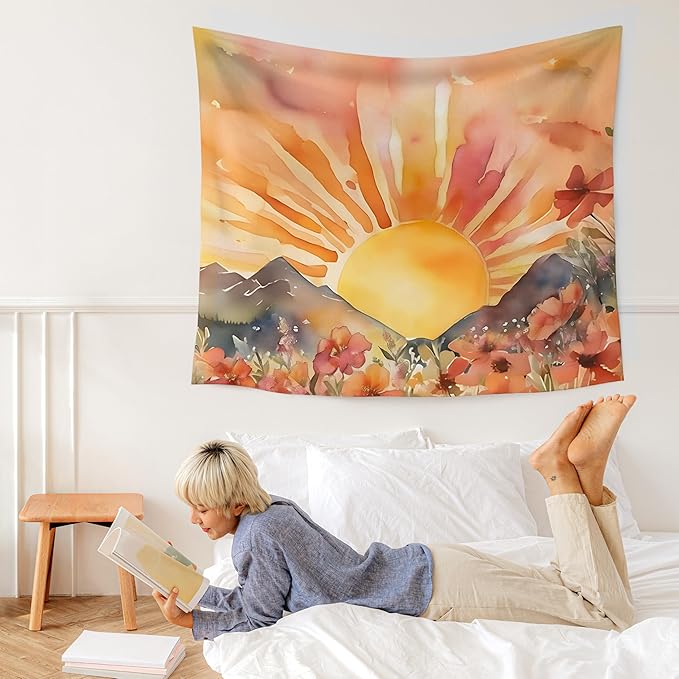 WARDOS Boho Sun Tapestry, Boho Tapestry Wall Hanging, Abstract Mid Century Modern Sunshine Sunset Sunrise Wildflower Mountain Landscape Wall Blanket Decor for Home Living Room Bedroom, 50x60 Inch