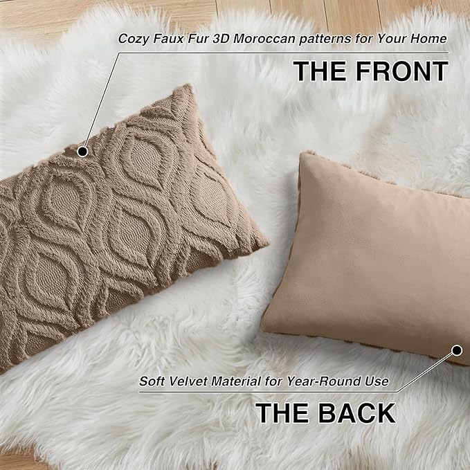decorUhome Cozy Textured Throw Pillow Covers 12x20 Inch Set of 2, Soft Plush Faux Wool Light Brown Accent Couch Pillow Covers for Modern Farmhouse Sofa Bed Living Room
