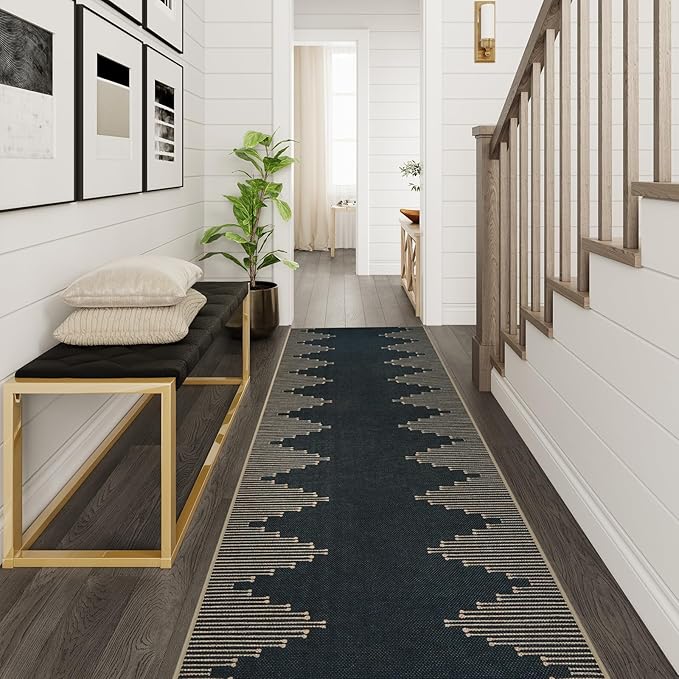 LIVEBOX No Shed Jute Runner Rugs for Hallway 2x10, Black and Tan Non Slip Washable Rug Runner, Bohemmian Extra Long Runners Rugs for Hallways, Ultra Thin Farmhouse Kitchen Rug for Hardwood Floor