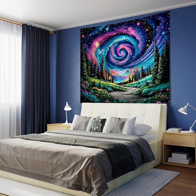Apdidl Space Galaxy Forest Tapestry for Bedroom, Green Nature Landscape Colorful Night Starry Sky Stars Wall Tapestry, Mysterious Nebula Mountain Wall Hanging Backdrop Decor for Living Room 51" X 60"