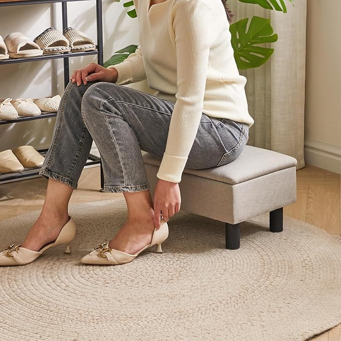 IBUYKE Storage Ottoman Footrest Stool with Linen Fabric, Rectangular, Flip Top Lid, Non-Slip Feet, Compact Design, Stylish and Functional, Linen RF-BD223