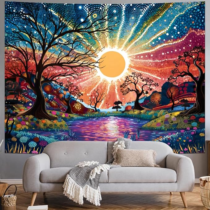 Serborlur Tree of Life Tapestry Trippy Sun Forest Tapestries Colorful Starry Sky Tapestries Hippie Nature Landscape Wall Tapestry Aesthetic Vintage Wall Hanging for Living Room Bedroom (70.8" x 92.5")