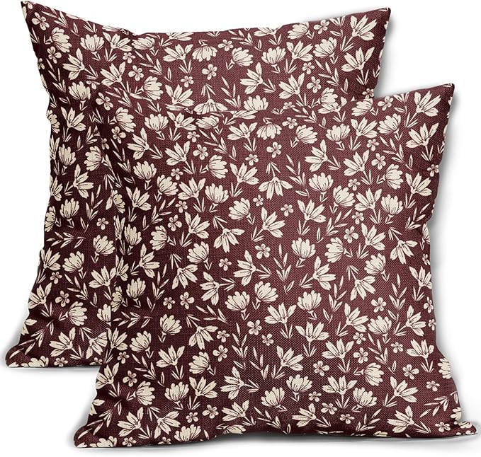 Burgundy Pillow Covers 18x18 Set of 2 Vintage Floral Rustic Old Style Cute Flower Print Decorative Outdoor Pillowcases Seasonal Farmhouse Throw Cushion Case Decor for Couch Sofa Bed