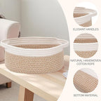 Woven Basket,Small Rope Storage Bin with Handles & Ribbon Bag, Organizer for Shelves Closets,Gift Basket Empty for Birthday,Books,Dog Toys, White&Brown Block