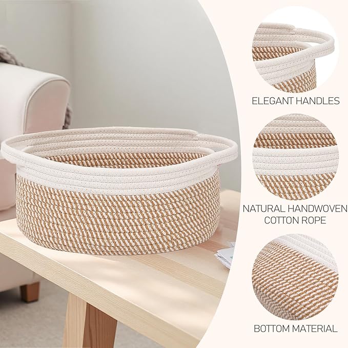 Woven Basket,Small Rope Storage Bin with Handles & Ribbon Bag, Organizer for Shelves Closets,Gift Basket Empty for Birthday,Books,Dog Toys, White&Brown Block