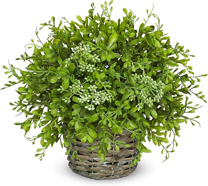 Hollyone Artificial Boxwood Plant in Woven Pot 9” Fake Potted Plants Topiary Boxwood Greenery Arrangement Centerpiece Faux Plants for Home Indoor Outdoor Farmhouse Office Desk Centerpiece Shelf Decor