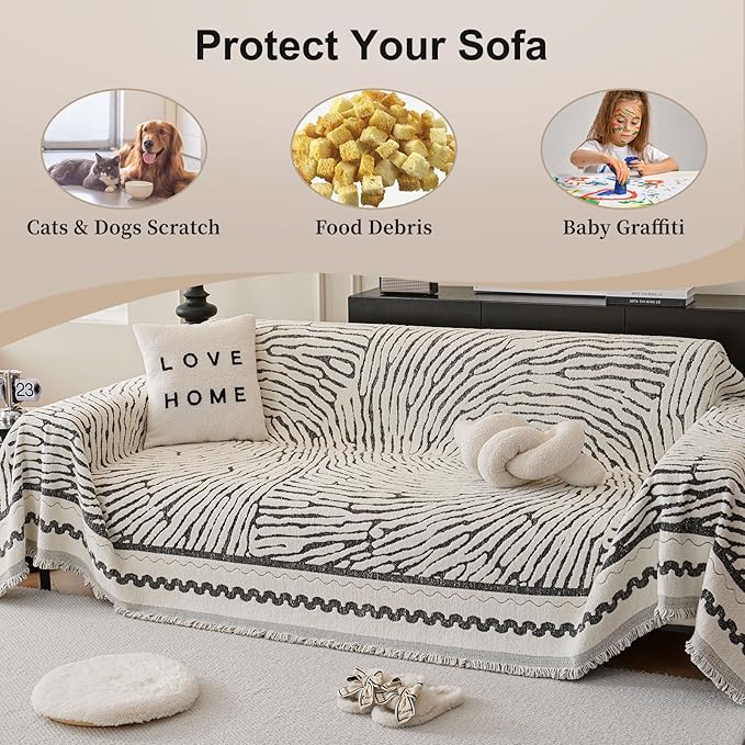 ROOMLIFE Thicked Striped Couch Cover with Tassel Black Chenille Sofa Cover Blanket for Sectional Sofa, Soft Sofa Slipcovers for L Shaped Love Seat 2-3 Cushion Couch Anti Slip Sofa Protector, 71"x134"