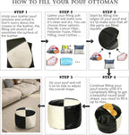 Thgonwid Unstuffed Faux Leather Pouf Cover, Handmade Footstool Ottoman Storage Solution, Floor Footrest Cushion - 16.5”Dx12”H, Black & White