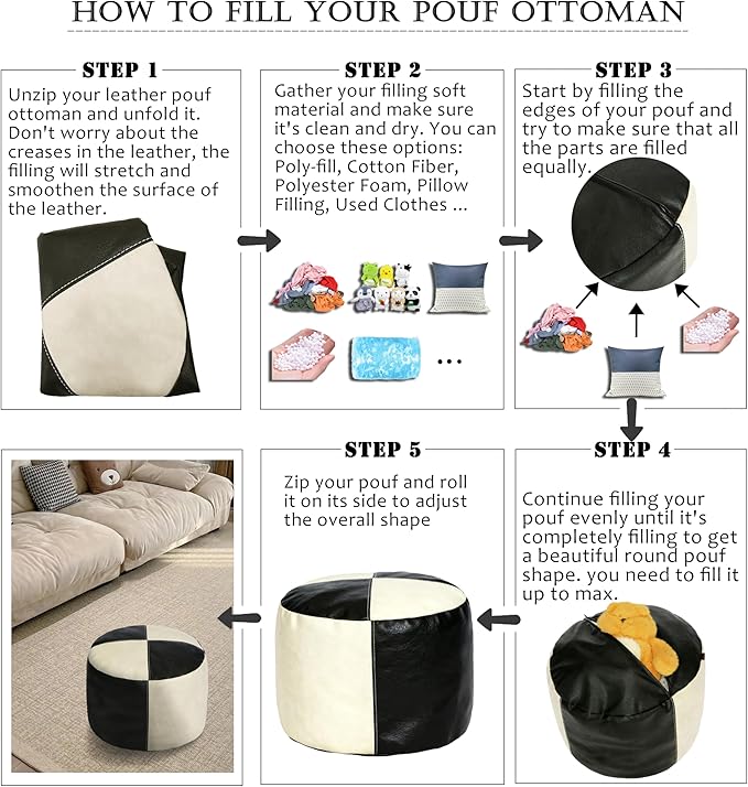 Thgonwid Unstuffed Faux Leather Pouf Cover, Handmade Footstool Ottoman Storage Solution, Floor Footrest Cushion - 16.5”Dx12”H, Black & White