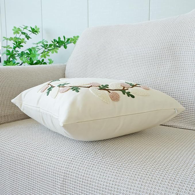 vctops Floral Embroidered Pillow Covers 18x18 Inch Spring Summer Cotton Tufted Throw Pillow Cover Outdoor Garden Cushion Case for Sofa, Bed, Living Room (Flower B,18"x18")