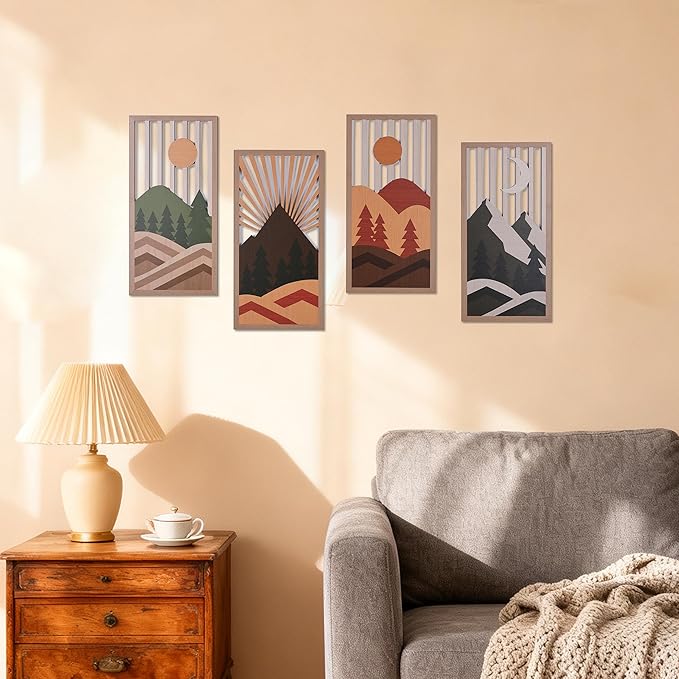 suruim Boho Wall Art Set of 4, Abstract Geometric Wooden Wall Decor, Mid-Century Modern Aesthetic Artwork with Arch, Vase & Botanical Design for Modern Home Decor for Bedroom, Office & Living Room(F)