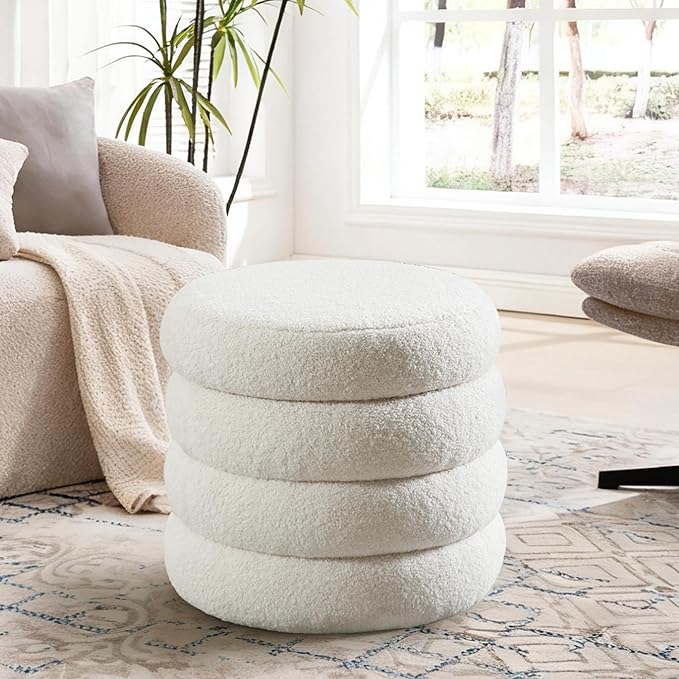 Flouki 19.5" Storage Ottoman Round, Vanity Stool for Bedroom, Entryway Ottoman for Console Table, Foot Stool for Living Room, Bedroom, Sherpa Off-White