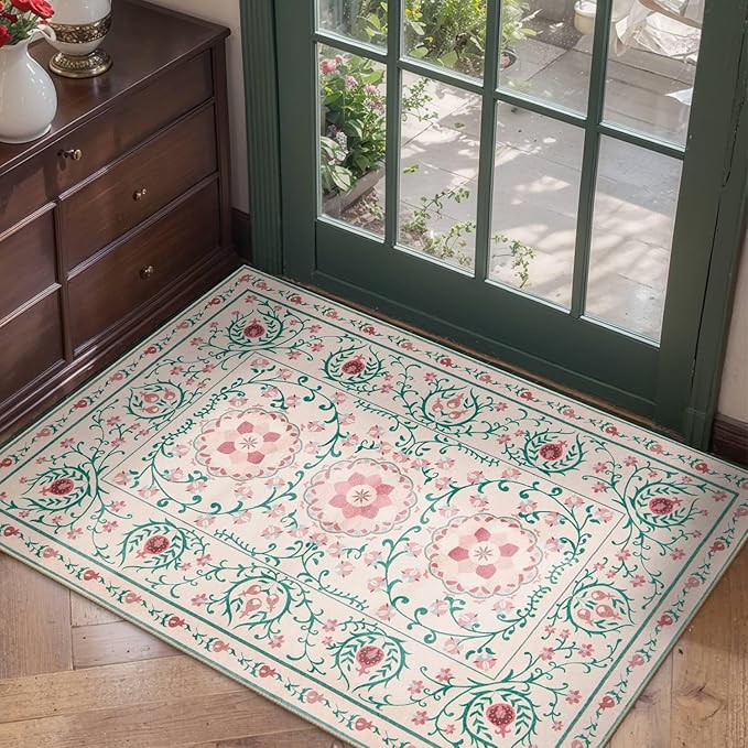 Pink Door Mat Floral Entryway Rug, Washable Samll 2x3 Rugs, Boho Front Door Mat, Non Slip Low Pile Throw Carpet for Indoor Entrance,Bathroom,Girls Room and Kitchen(Pink/Green 2x3ft)