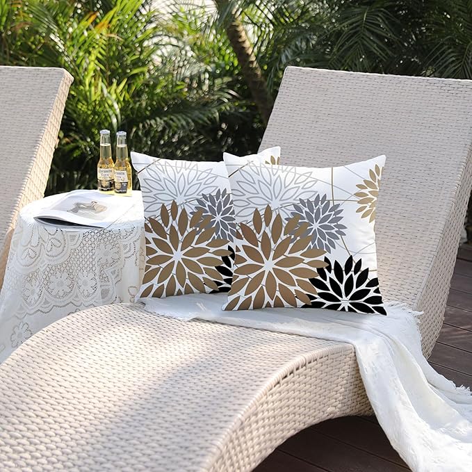 DFXSZ Brown and Black Floral Pillow Covers 18x18 Set of 2 Outdoor Waterproof Decorative Throw Pillows Summer Pillow Covers Polyester Cushion Case Decor for Couch Patio Funiture Garden Porch 01Y18