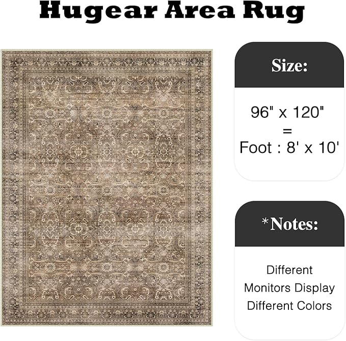 HUGEAR Area Rug 8x10 Vintage Brown Machine Washable Living Room Rugs Distressed Retro Floral Vacuumable Low Pile Carpet Bedroom Office Dining Room Laundry Room Non Slip Soft Lightweight