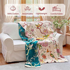 MSGKV The Boho Layer: 60"x80" Cotton Throw Blanket – Full Size for Couch Snuggles, Twin Bed Topper | Lightweight & Breathable Reversible Chinoiserie Floral & Bird Pattern, Decorative Accent