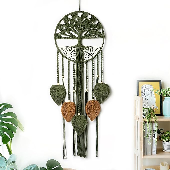 Large Tree of Life Dream Catchers, Macrame Wall Hanging, Boho Woven Tapestry, Macrame Wall Decor Art for Adults Boys Girls Bedroom Wedding Party, Festival Blessing Gift (Green & Brown)