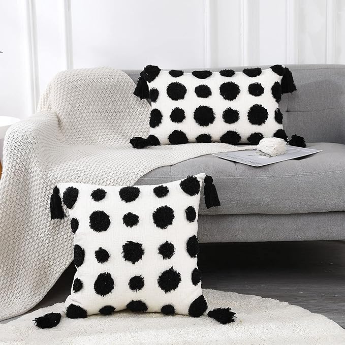 PANOD Super Soft Farmhouse Decorative Plush Throw Pillow Covers 16 x 16 Black,Solid Pom pom Tufted with Tassels Modern Accent Boho Square Cushion Cover Pillow Case for Couch Sofa