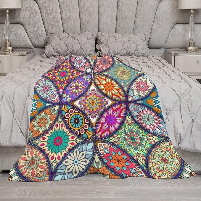 Boho Floral Throw Blanket Bohemian Colorful Mandala Flowers Print Theme Blanket for Sofa Bed Couch Chair Or Dorm 30"x40"