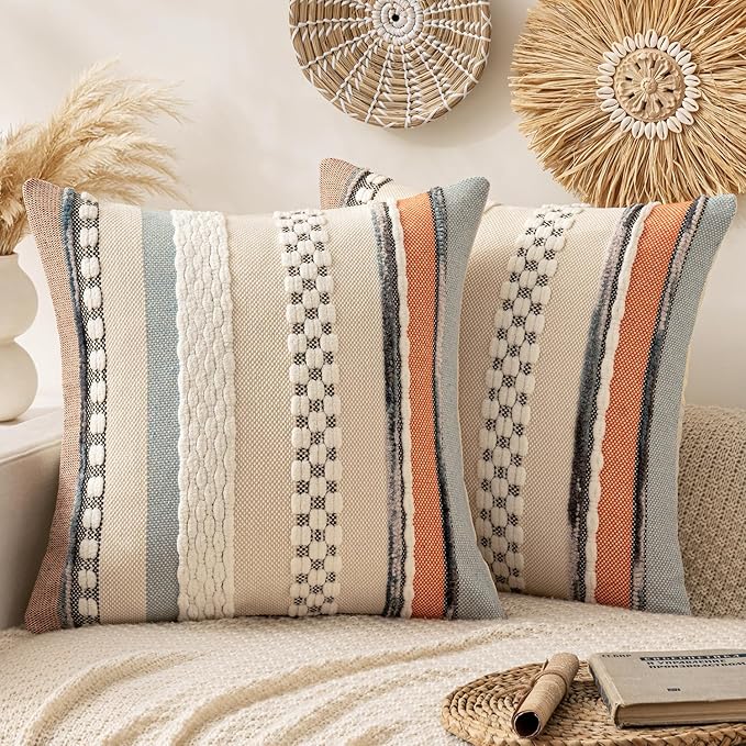 ANRODUO Pack of 2 Boho Decorative Throw Pillow Covers 20x20 Farmhouse Cushion Case Striped Chenille Pillow Cases Square Pillow Covers Accent Neutral Pillowcase for Sofa Couch Bed, Orange-Blue Stripe