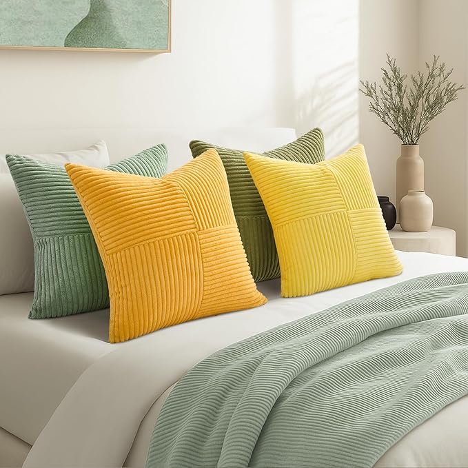Topfinel Decorative Yellow Green Pillow Covers Set of 4,Boho Pillow Covers Soft and Cozy Velvet Double-Sided Designs,Mix and Match for Couch Boho Farmhouse Fall Home Decor 20x20 Inch