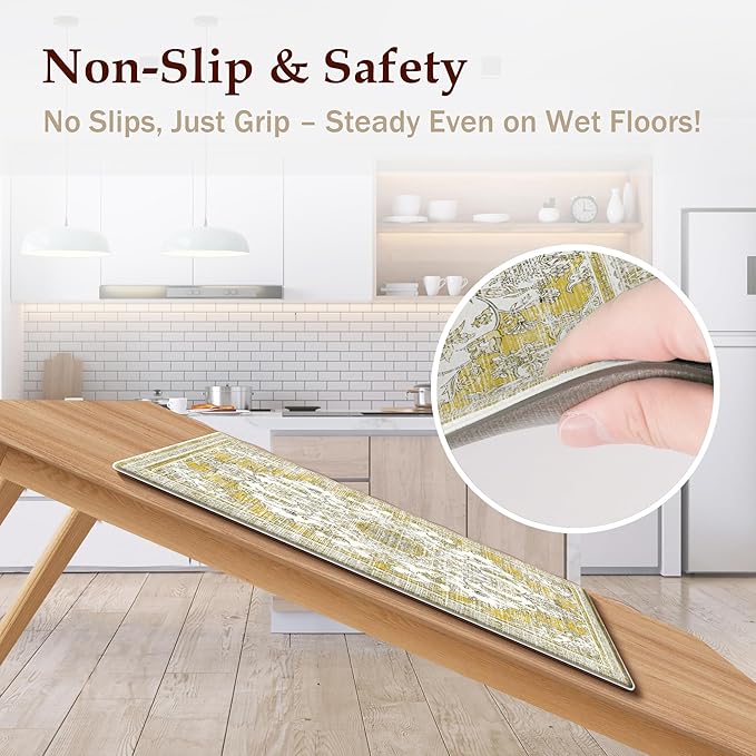 Boho Kitchen Mats for Floor 2 Piece Set Anti Fatigue Cushioned PVC Kitchen Rugs Non Slip Waterproof Farmhouse Mats 2/5 Inch Comfort Standing Mat for Sink, Laundry, 17.3"x47"+17.3"x28", Yellow