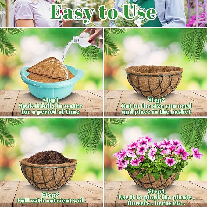 Riare 4 Pack 10 Inch Round Coco Liners Replacement, 100% Natural Coconut Coir Liners for Hanging Baskets, Garden Flower Vegetables Planter Pot, Window Box, Fence, Decks