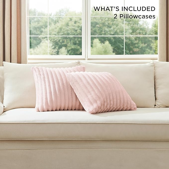 Bedsure Double-Side Striped Throw Pillow Covers 18x18 Set of 2, Spring Fluffy Crystal Pink Soft Decorative Pillow Covers, Home Decor for Couch Sofa Living Room Bedroom