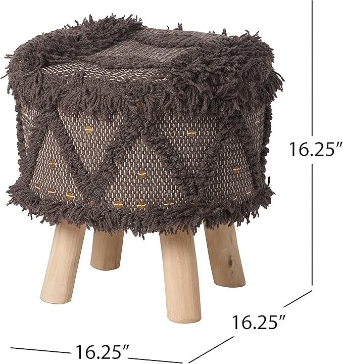 Dark Brown Handcrafted Wool & Cotton 16x16 Foot Stool - Boho Style Ottoman Foot Rest for Living Room