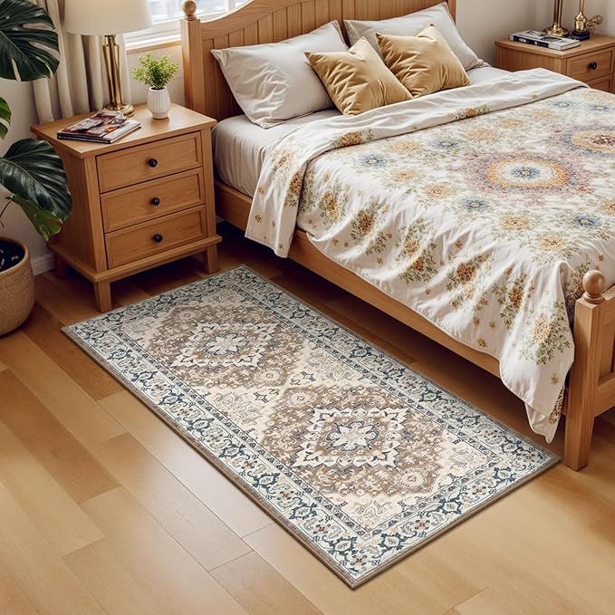 Lessymo 2 x 5 Runner Rug, Machine Washable Area Rugs Boho Faux Wool Low Pile Area Rug for Bedroom, Floral Medallion Vintage Rugs with Non-Slip Rubber, Brown Beige