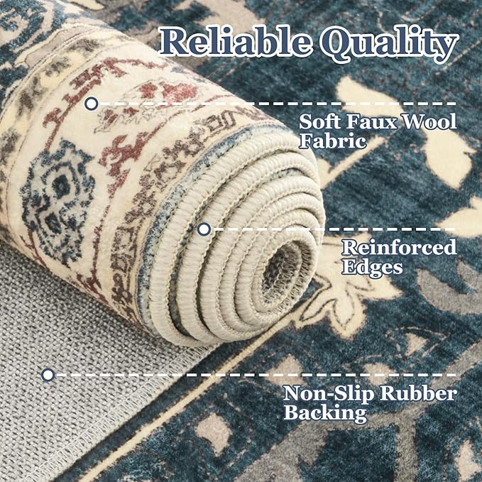 Deep Blue Hallway 2x8 Runner Rug, Washable Non Slip Entryway Runner Indoor, 0.27 Low Pile Vintage Medallion Distressed Carpet Runners 8ft for Kitchen/Bedroom Bedside/Laundry Room/Bathroom