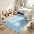 GarveeHome 3x5 Scalloped Washable Area Rug for Bedroom,Soft Solid Blue Entryway Rug Non Slip Low Pile Carpet Stain Resistant Throw Rug for Bedside Kids Room Office Dining Room